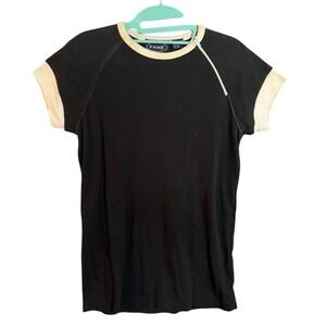 Vintage Fame Black Cream Ringer Zip Tee Shirt Short Sleeve Casual Size M
